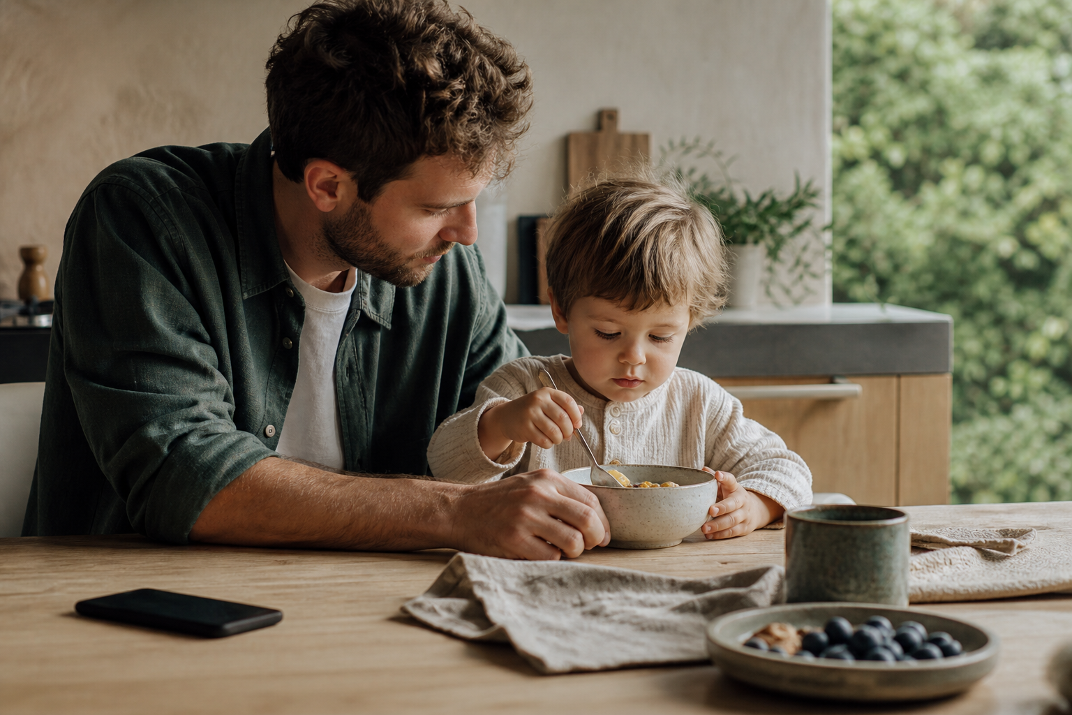 A parent and toddler sharing a quiet breakfast